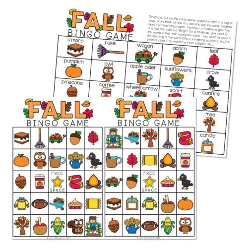 Fall Bingo Game with colorful autumn-themed images including pumpkins, owls, acorns, leaves, and seasonal items for kids' educational activities.