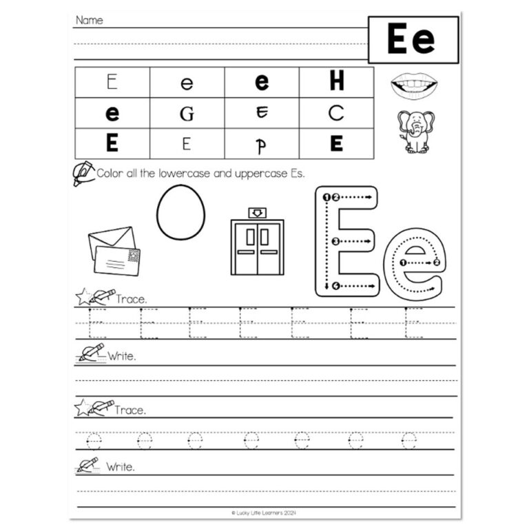 Lucky to Learn Phonics - Alphabet - Letter E - Worksheet - Lucky Little ...