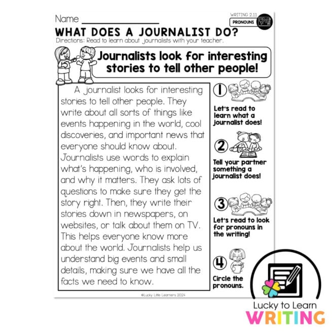 Lucky to Learn Writing - Unit 2 Narrative - Writing 2.11 - Pronouns - Student Printables - What Does a Journalist Do