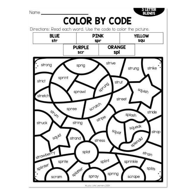 Phonics Color by Code - 3 Letter Blends - Space