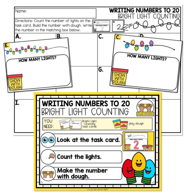 Kindergarten Math Center - December - Writing Numbers to 20 - Bright Light Counting