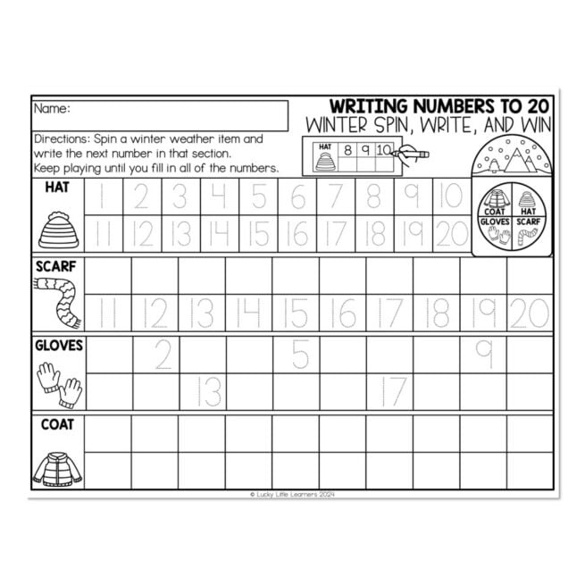 Writing Numbers to 20 - Winter Spin, Write, and Win Worksheet