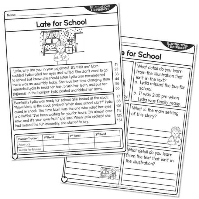 2nd Grade Using Illustrations Making Inferences Reading Passage - Late for School - At