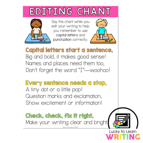 Lucky to Learn Writing - Unit 4 Opinion - Anchor Chart - Editing Chant ...