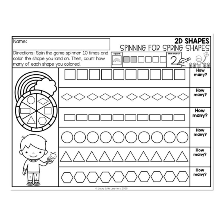 Math Worksheet - April - 2D Shapes - Spinning for Spring Shapes - Lucky ...