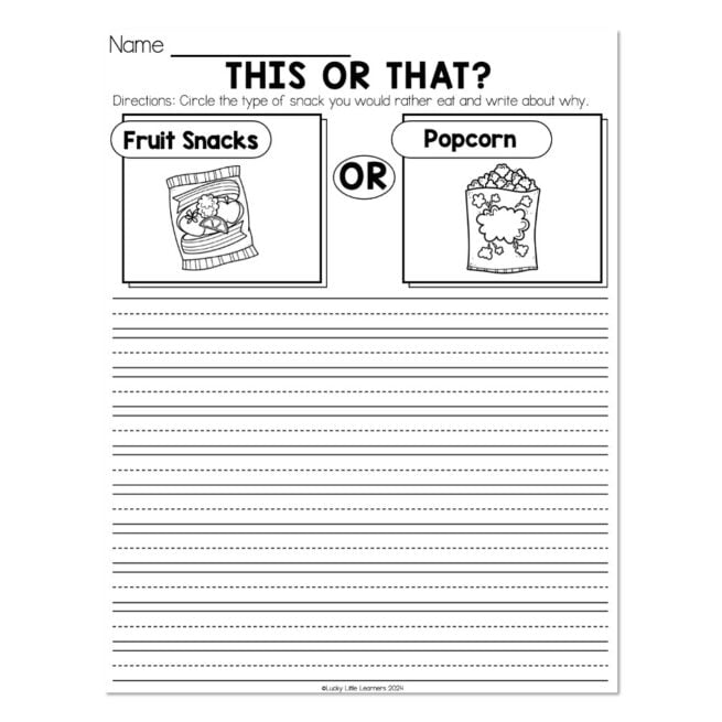 Monthly Writing Centers - January - This or That - Fruit Snacks or Popcorn