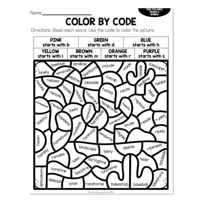 Phonics Color by Code - Two Syllable Silent E Words - Desert
