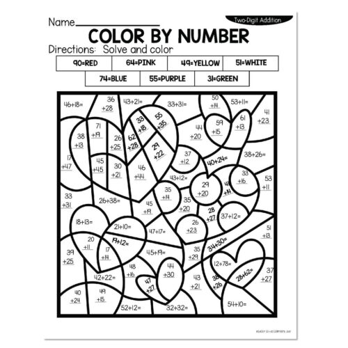 Two-digit addition color by number worksheet with solve and color directions, featuring interlocking heart shapes containing addition problems to match with color codes
