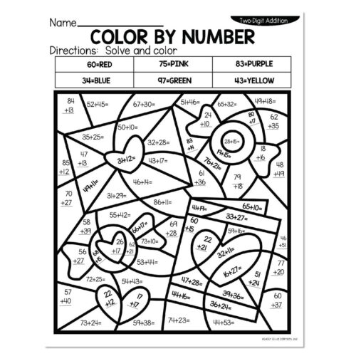 Two-digit addition color by number worksheet with stained glass design pattern; students solve addition problems and color sections by answer using red, pink, purple, blue, green, and yellow