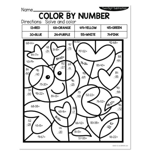Two-digit subtraction color by number worksheet with butterfly and hearts design, students solve subtraction problems and color sections by number answers