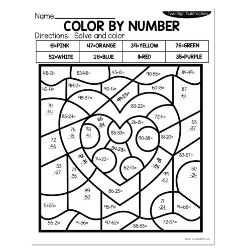 Two-Digit Subtraction color by number worksheet with a heart design; students solve subtraction problems and color sections based on answers matching a color key