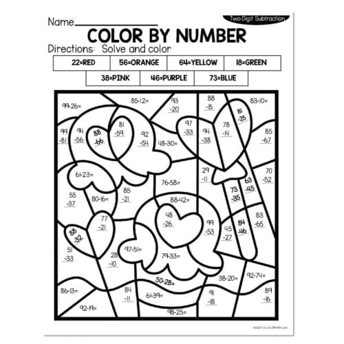 Two-Digit Subtraction color by number worksheet with Valentine-themed shapes, requiring students to solve subtraction problems and color regions by answer to reveal the picture