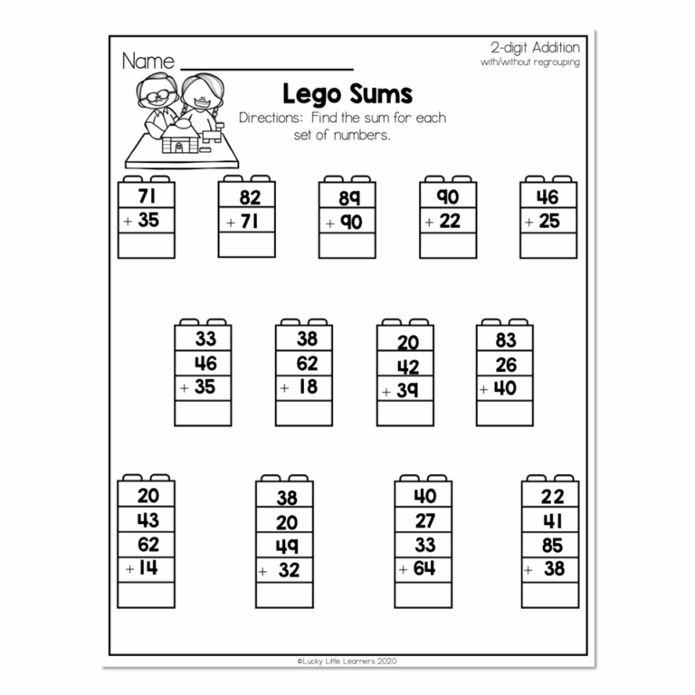 2nd Grade Math Worksheets - 2-Digit Addition With Regrouping - Lego ...