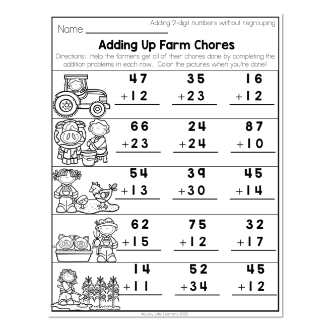 2nd Grade Math Worksheets - 2-Digit Addition Without Regrouping -  Adding Up Farm Chores