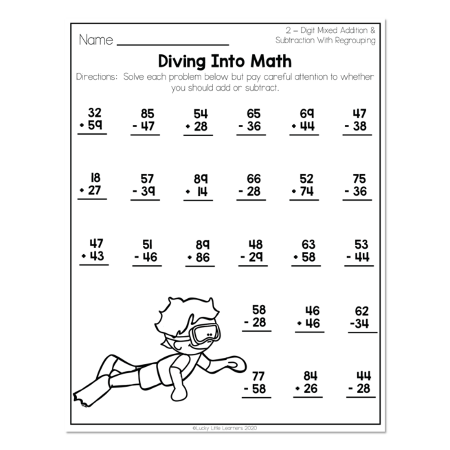 2nd Grade Math Worksheets - 2-Digit Mixed Addition and Subtraction With Regrouping - Diving Into Math