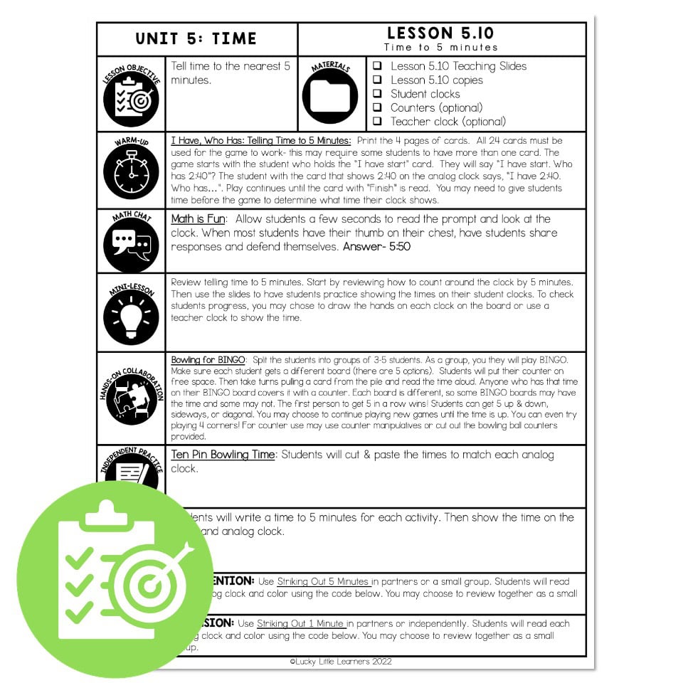 Lucky to Learn Math - Lesson 5.10 - Time to 5 Minutes - Lesson Plan ...