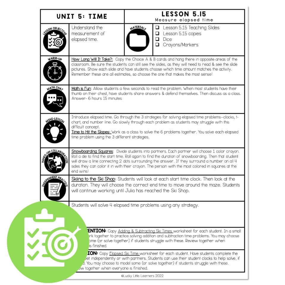 Lucky to Learn Math - Lesson 5.15 - Measure Elapsed Time - Lesson Plan ...
