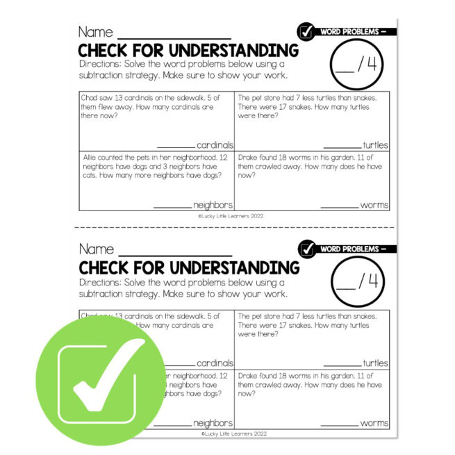 Understanding Worded Math Questions Lucky to Learn Math - Subtraction Word Problems - Lesson 2.19 - Check ...