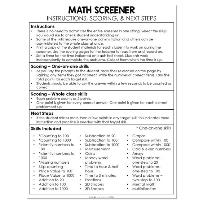 Small Group and Intervention Math Kit - Assessment - Math Screener ...