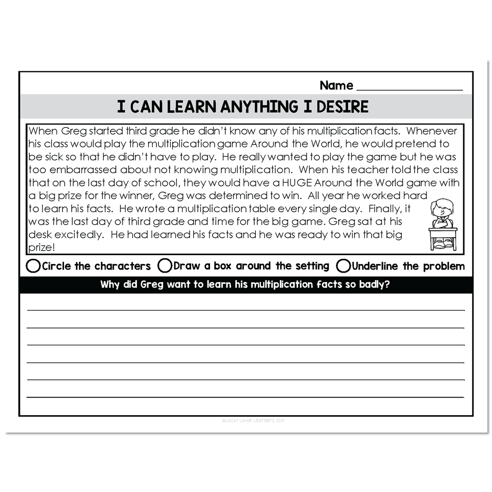 2nd Grade Growth Mindset Passage - I Learn Anything I Desire - Lucky ...