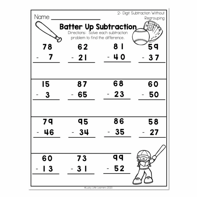 2nd Grade Math Worksheets - Place Value - 2-Digit Subtraction Without ...