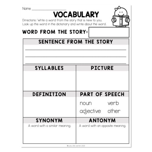 Vocabulary worksheet for elementary students with sections for word from story, sentence from story, syllables, picture, definition, part of speech, synonym, and antonym