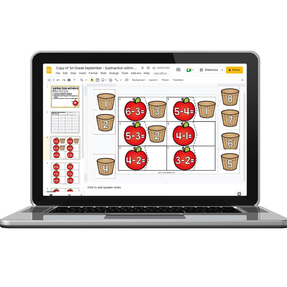 Digital - 1st Grade September Math Center - Subtraction Within 10 ...