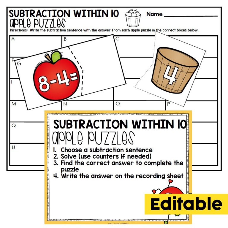 Editable - 1st Grade September Math Center - Subtraction Within 10 ...