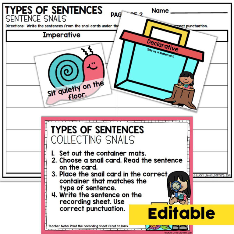 Editable - 2nd Grade Grammar Center - Types of Sentences - Lucky Little ...