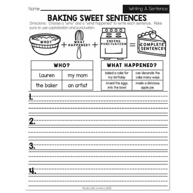 Fall - Early Finishers 2nd Grade - ELA - Writing a Sentence - Baking Sweet Sentences
