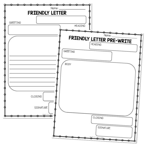 A detailed image of two printable friendly letter templates from Lucky Little Learners, designed for early writing practice, featuring sections for greeting, body, closing, and signature, ideal for c.