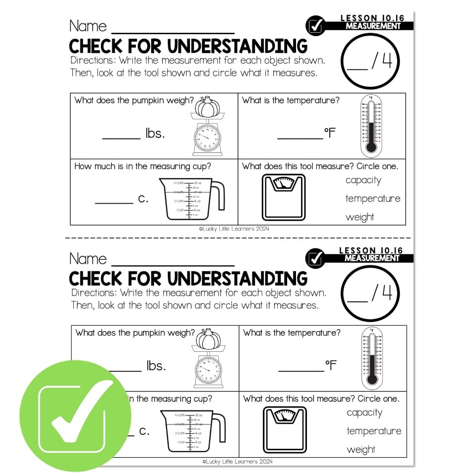 Lucky to Learn Math - Lesson 10.16 - Measurement - Check for ...