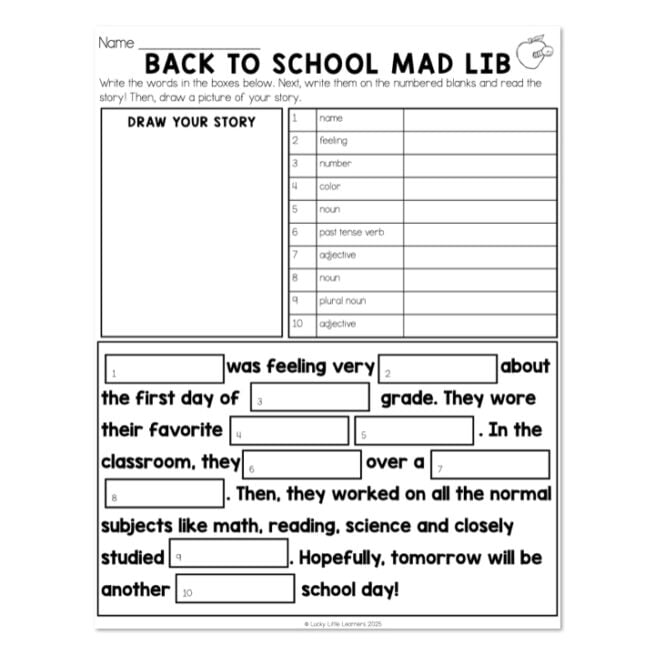 Monthly Mad Libs - August-September - Back To School