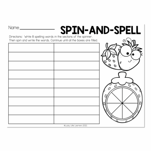 Write 8 spelling words in sections of the spinner on a black and white educational worksheet featuring a smiling strawberry and a clock, designed for early learners to practice spelling and word reco.