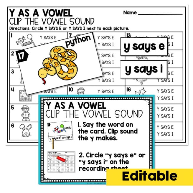 Editable - 1st Grade Phonics Center - Y as a Vowel - Lucky Little Learners