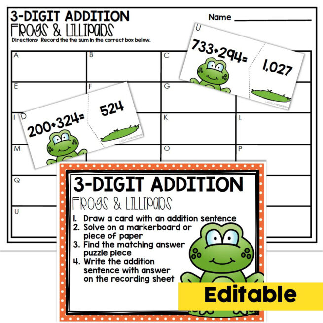 Editable - 2nd Grade May Math Center - 3 Digit Addition - Lucky Little ...