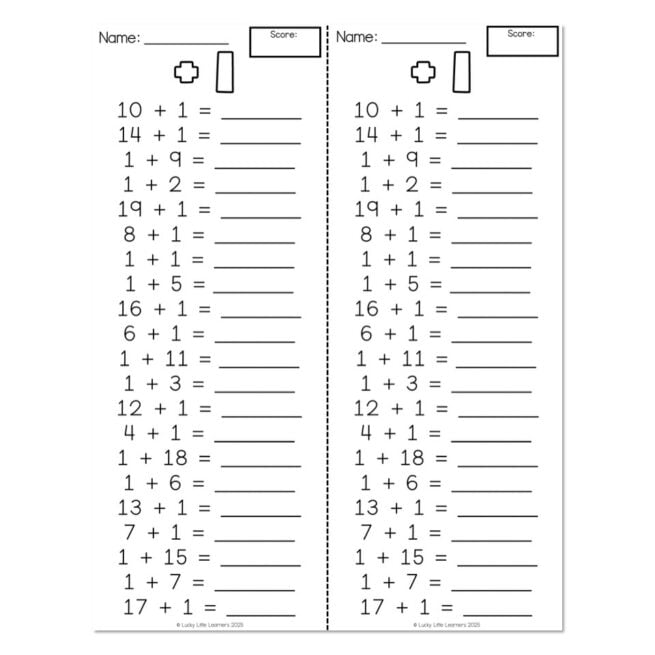Fact Fluency Timed Tests - Addition - Plus 1
