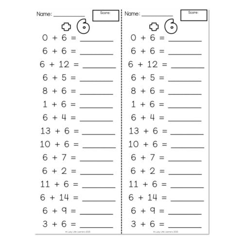 Fact Fluency Timed Tests - Addition - Plus 6 - Lucky Little Learners