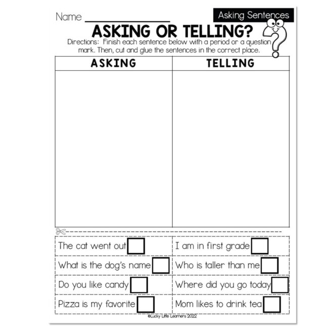 Fall- Early Finishers 1st Grade - ELA - Asking Sentences - Asking or ...