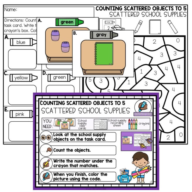 Kindergarten Math Center - August - Counting Scattered Objects to 5 - Scattered School Supplies
