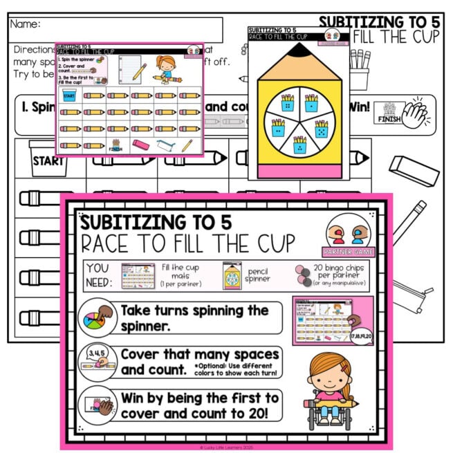 Kindergarten Math Center - August - Subitizing to 5 - Race to Fill the Cup