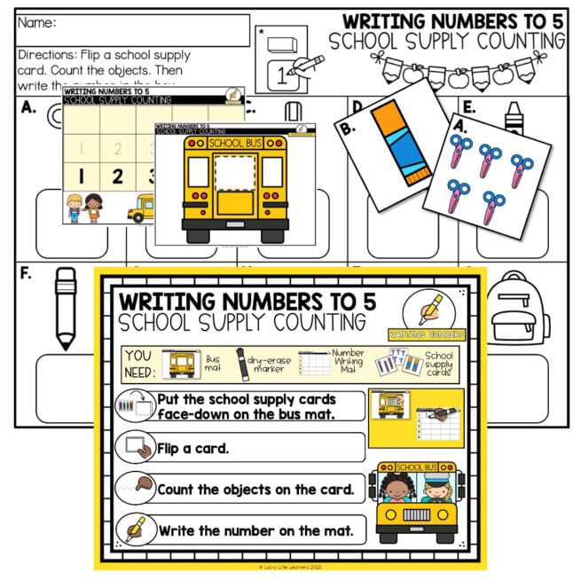 Kindergarten Math Center - August - Writing Numbers to 5 - School Supply Counting