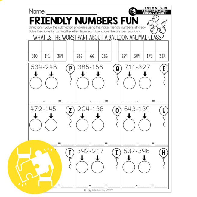 Math Collaboration Numbers Lucky to Learn Math - 3-Digit Subtraction Friendly Numbers - Lesson 3. ...
