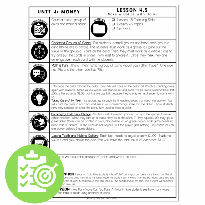 Lucky to Learn Math - Make a Dollar - Lesson 4.5 - Lesson Plan