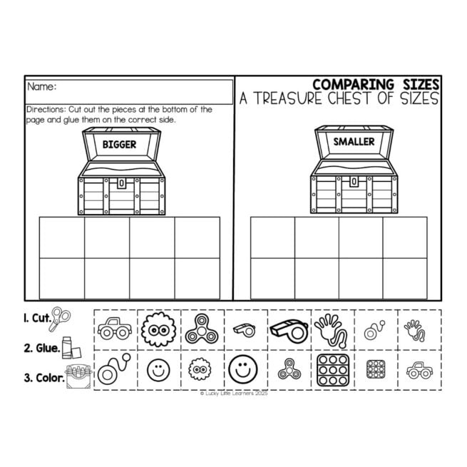 Math Worksheet - August - Comparing Sizes - A Treasure Chest of Sizes