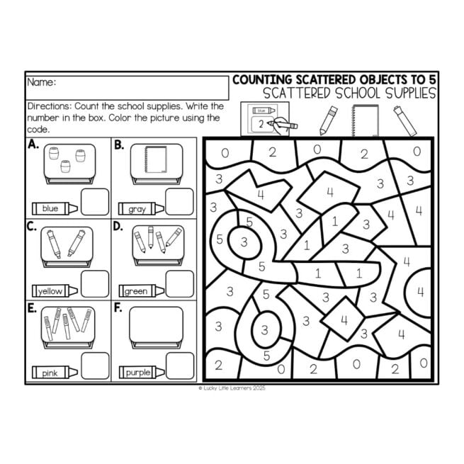 Math Worksheet - August - Counting Scattered Objects to 5 - Scattered School Supplies
