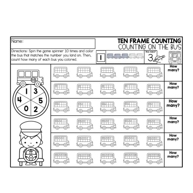 Math Worksheet - August - Ten Frame Counting - Counting on the Bus