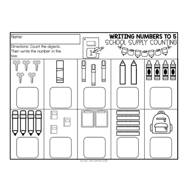 Math Worksheet - August - Writing Numbers to 5 - School Supply Counting