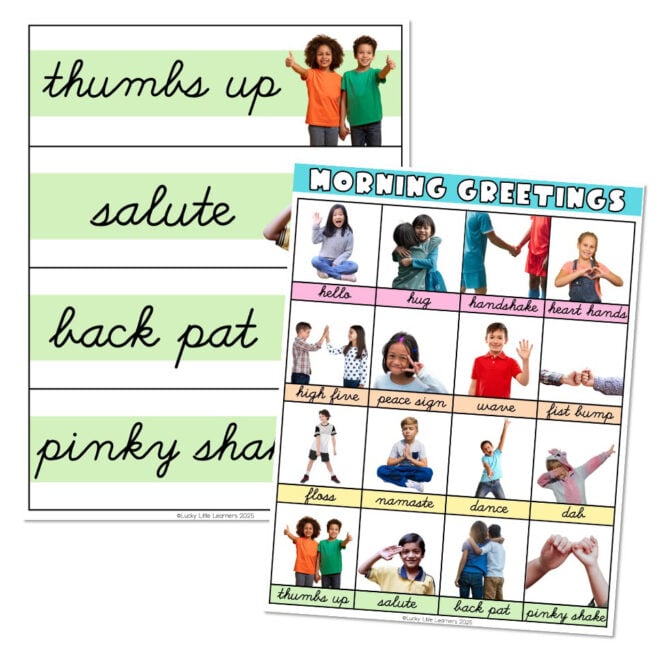 Morning Meeting Greetings with Real Photos - Poster and Cards - Cursive