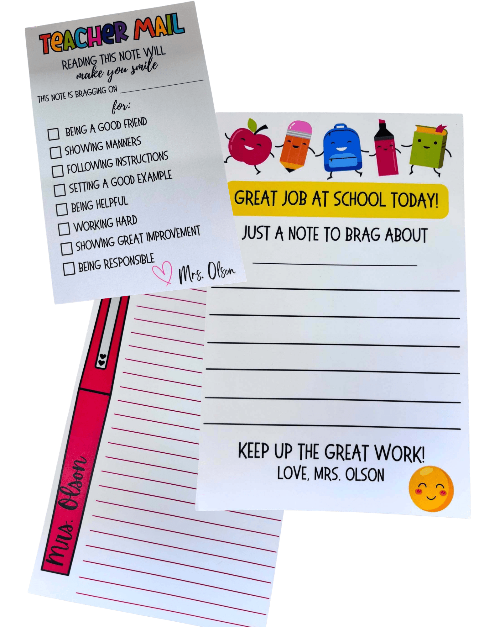 Colorful teacher note with cartoon school supplies and motivational message for students, perfect for classroom communication and encouragement.